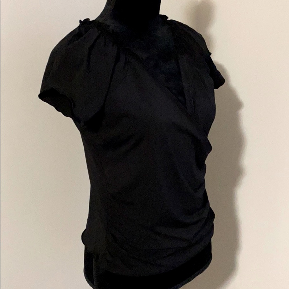 INC Black petite large flutter sleeve wrap top s/s
